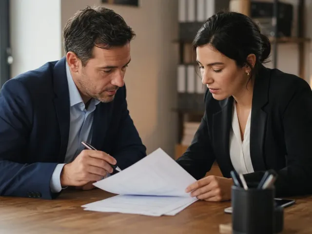 Two colleagues in business clothes looking over printed papers together at a wooden desk.